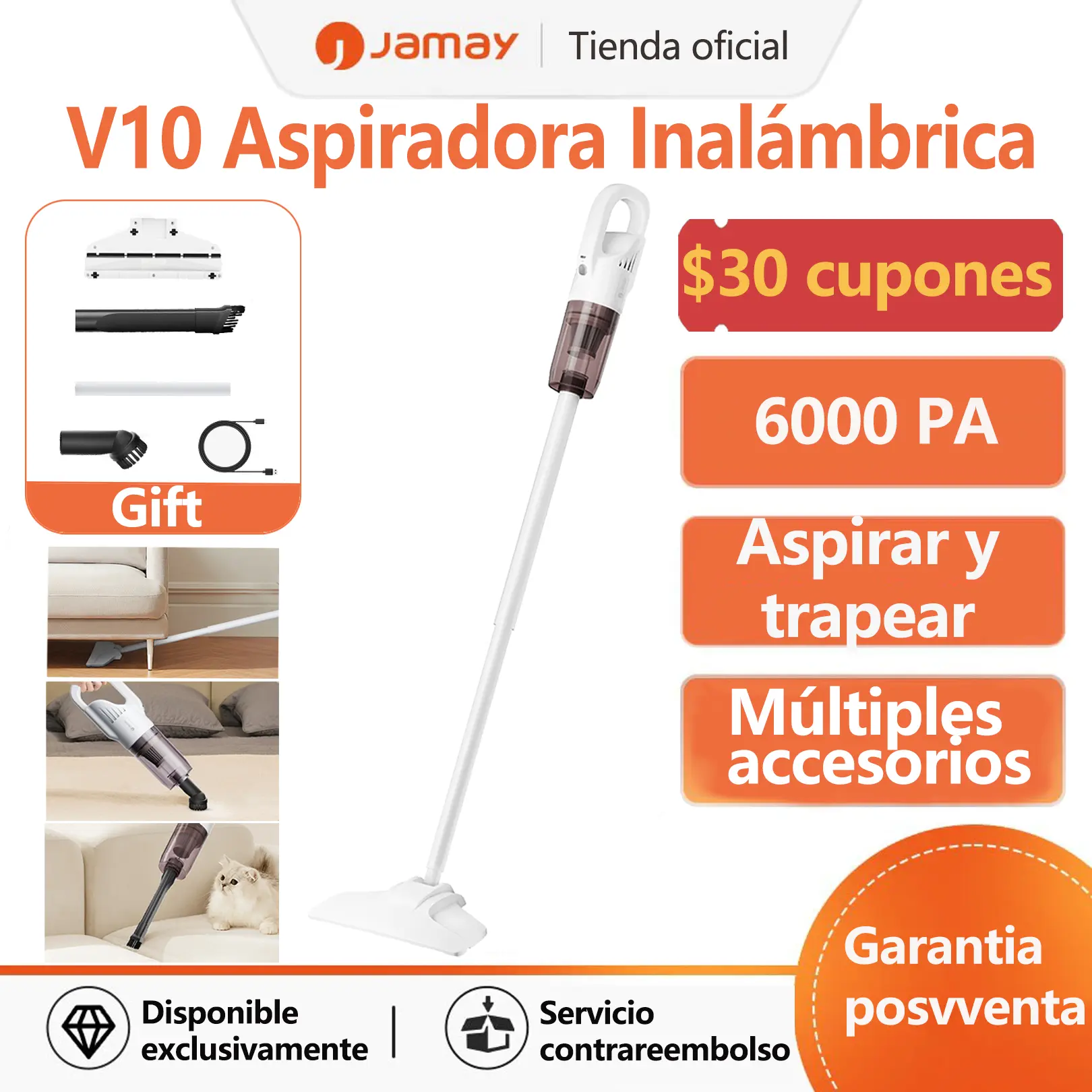 【NEW】Aspirador De Mano Inalámbrico 4 En 1 Potente Jamay V10 Para Auto Y Hogar 6000Pa de Alta Succión 2400mAh Gran Batería 0.6 litros aspiradora y trapeadora Carga USB Rápida para Hogar y Coche