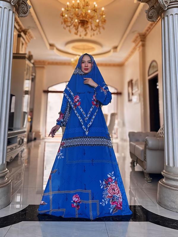 Tania Set Syar'i (Gamis & Khimar) Hitam Kain Motif Muslim Panjang Printing 1