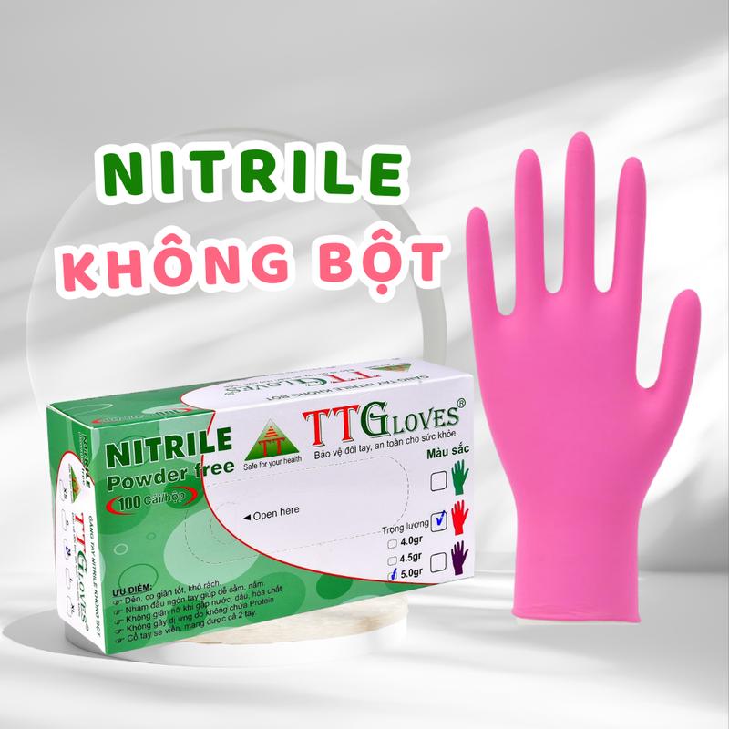 Găng Tay Cao Su Nitrile Không Bột TTGLOVES Màu Hồng Siêu Dai Chống Nước Hóa Chất Spa Nail 4.0g (100 chiếc/hộp)