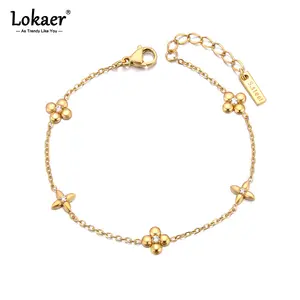Lokaer Delicate Stainless Steel Four leaf Flower Charm Bracelet Gold PVD Plated Daily Cubic Zirconia Jewelry Wholesale B25064 - B25064P