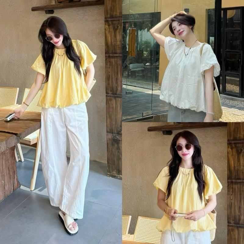 (ẢNH OLDSCHOOL) Áo kiểu chất xô cổ tròn nữ tay phồng dáng bí ngô BUBBLE TOP