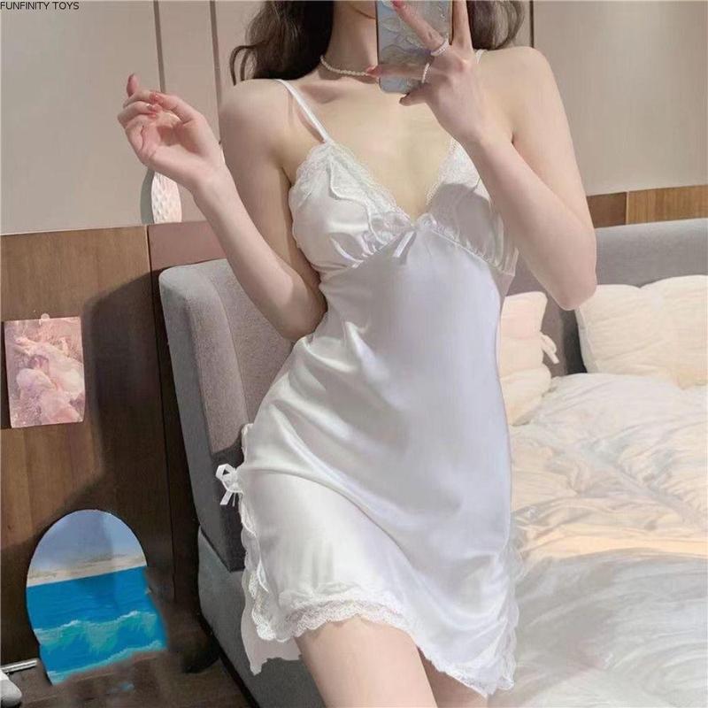 FUNFINITY TOYS Thời trang Nơ ren Váy pijama nữ Không tay Tách Váy ngủ dây đeo bằng lụa lạnh Đồ ngủ Mỏng Đầm ngủ dây mảnh Trang chủ