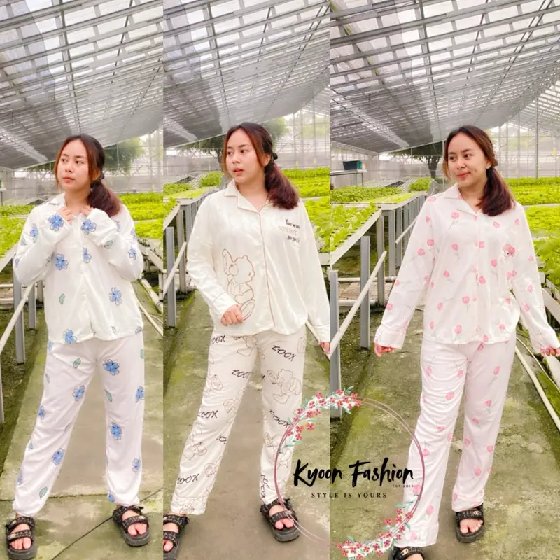 Piyama Set Import Bahan Katun Lembut Motif Nyaman Fit Lengan & Celana Panjang Premium Quality Piyama Wanita 0