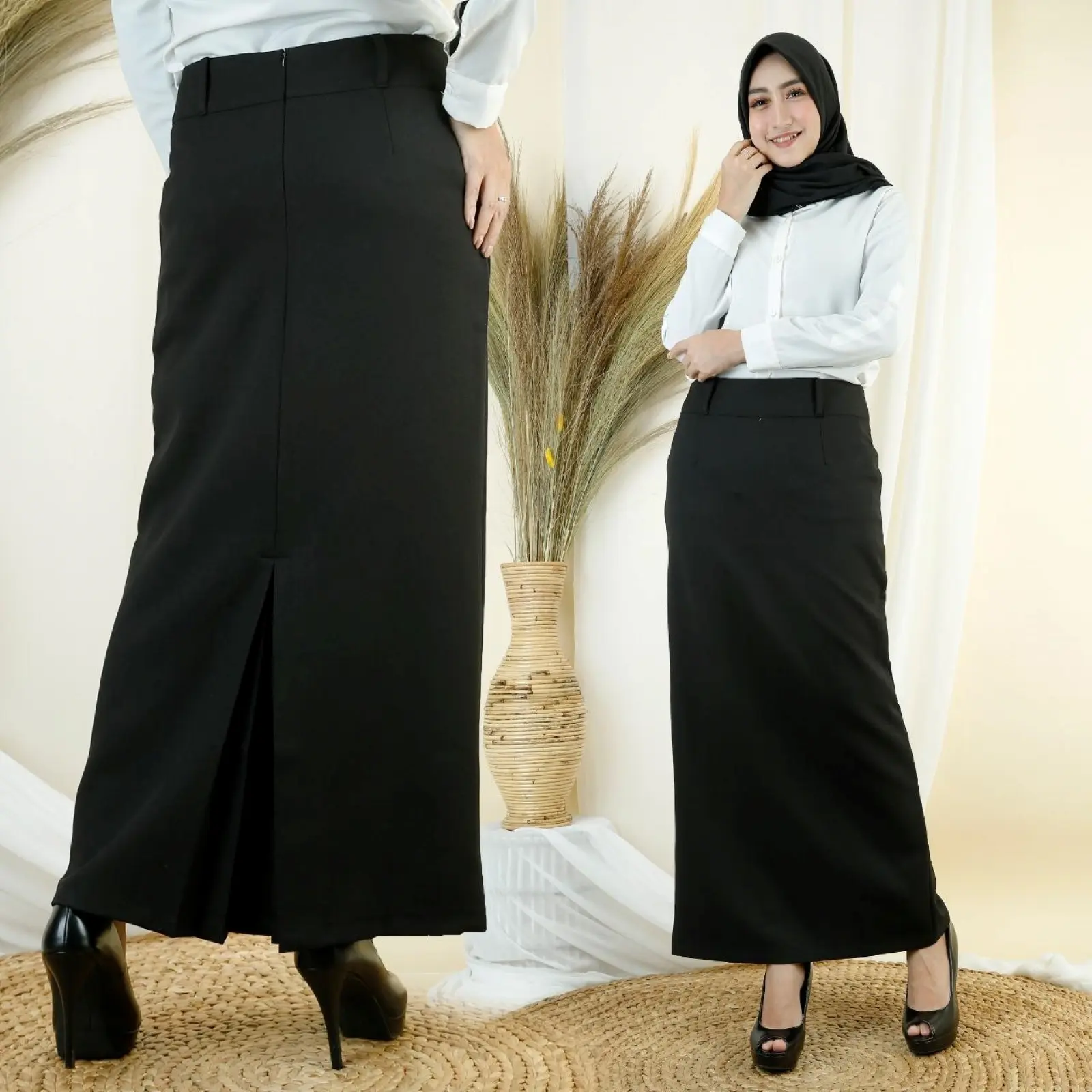 Sofi 10-Rok Panjang Biron - Rok Kantor Rempel Murah  S-7L (LP 70CM-120CM) BB 40KG-110KG -Gabardine -Slim-fitting Wanita Kerja Putih Hitam Formal Maxi Span