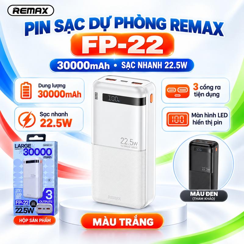 Pin Sạc Dự Phòng REMAX FP-22 30000mAh Sạc Nhanh 22.5W PD 20W 3 Cổng Màn Hình LED