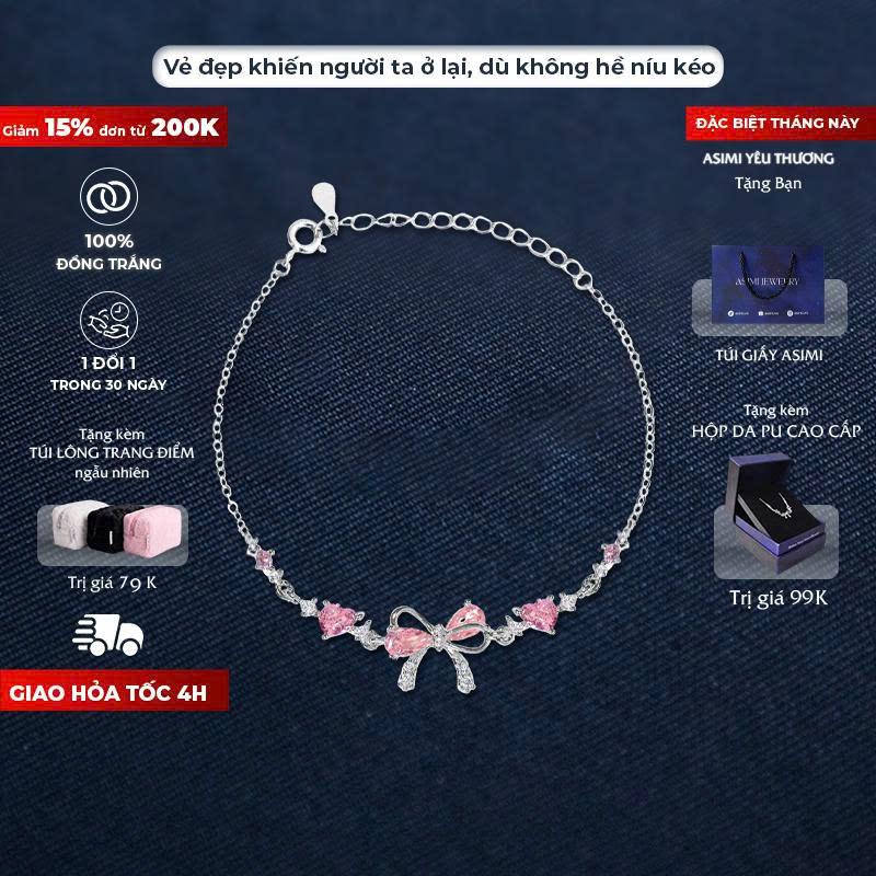 Lắc tay đồng trắng nữ nơ hồng Daisy Asimi, vòng tay đồng trắng dịu dàng trong veo Daisy Róse LD03