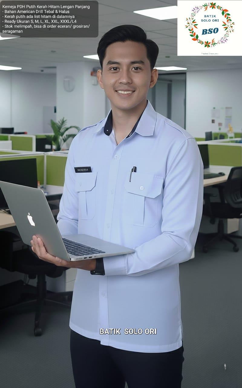 BATIK SOLO ORI Seragam PNS Kemeja PDH Pria Putih Kerah Hitam Bahan Drill Premium Nyaman Dipakai Sehari-hari Seragam PDH Putih Kerah Hitam Seragam PNS ASN PPPK Terbaru. Kemeja PDH Putih kerah hitam lengan panjang