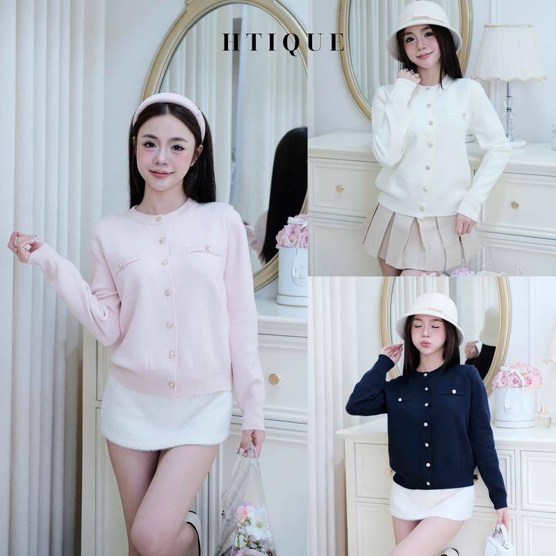   BST Thu Đông  DEAL mở bán Áo len dệt kim basic sang chảnh Áo khoác len cardigan trơn cúc hoa hồng LA16 