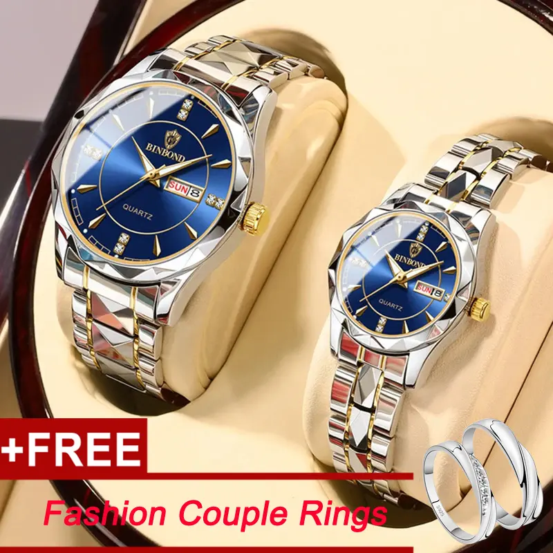 Jam Tangan Pasangan, BINBOND, 2 Keping / set, Kalendar Tarikh Minggu, Kalis Air, Jam Tangan Keluli Tahan Karat, Berkilau, Fesyen, Sesuai untuk Perniagaan dan Kekasih Kasual, Hadiah Valentine, Dengan Cincin Pasangan