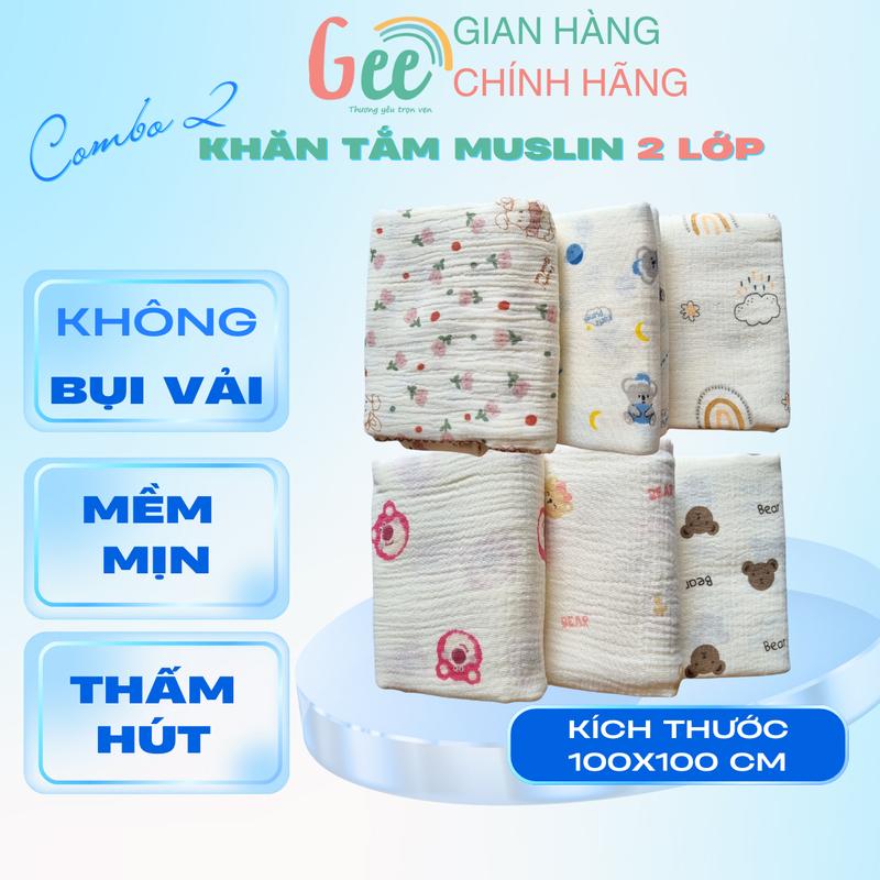 Set 2 khăn tắm xô muslin Gee mềm mại, thấm hút, an toàn, kích thước 100x100cm, 100% organic cotton, thân thiện với da bé