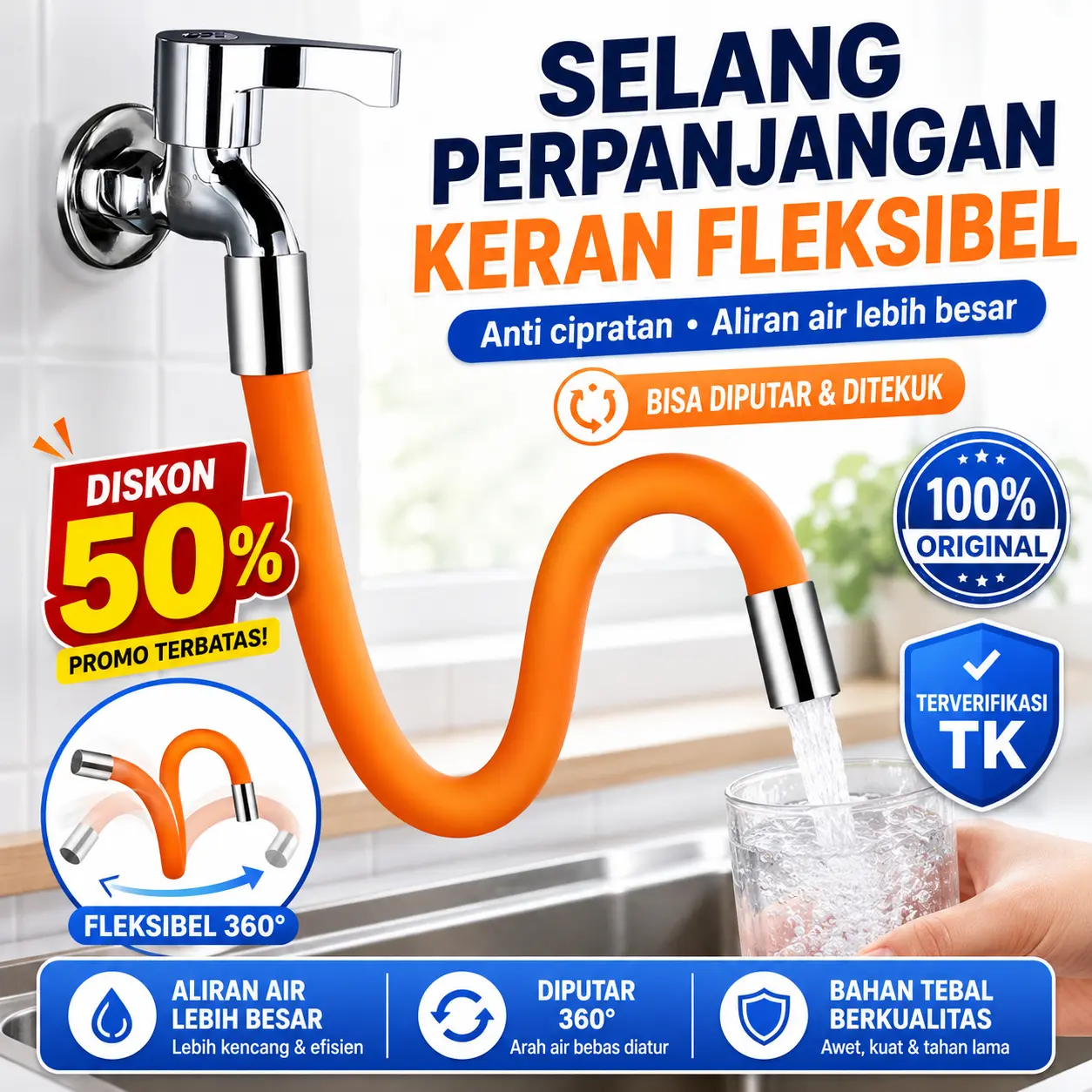 Selang Keran Fleksibel 30CM | Extension Kran Air Silikon Putar 360° + Adaptor Universal