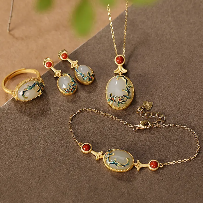 Light Luxury S925 Pure Silver Gold-Plated Cloisonné Hetian Jade Chinese Style Vine Women's Ring, Stud Earrings, Bracelet, Necklace Set