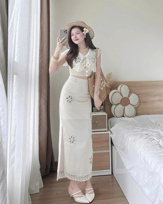( Xả Kho ) Sét Váy Thiết Kế Cổ Bẻ Phối Ren Hoa Nổi Dành Cho Nữ Sang Chảnh by T.LINH STORE 68