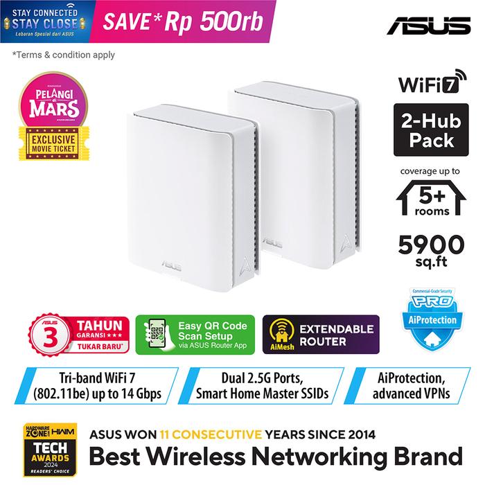 Gambar ASUS ZenWiFi BT8 Tri-band WiFi 7 Mesh, 14 Gbps, 5900 sq.ft (2pk), Dual 2.5G Ports, Security and Parental Controls Included, Smart Home Master SSIDs, 4G & 5G Mobile Tethering dari ASUS COMPONENT Kota Administrasi Jakarta Pusat Tokopedia