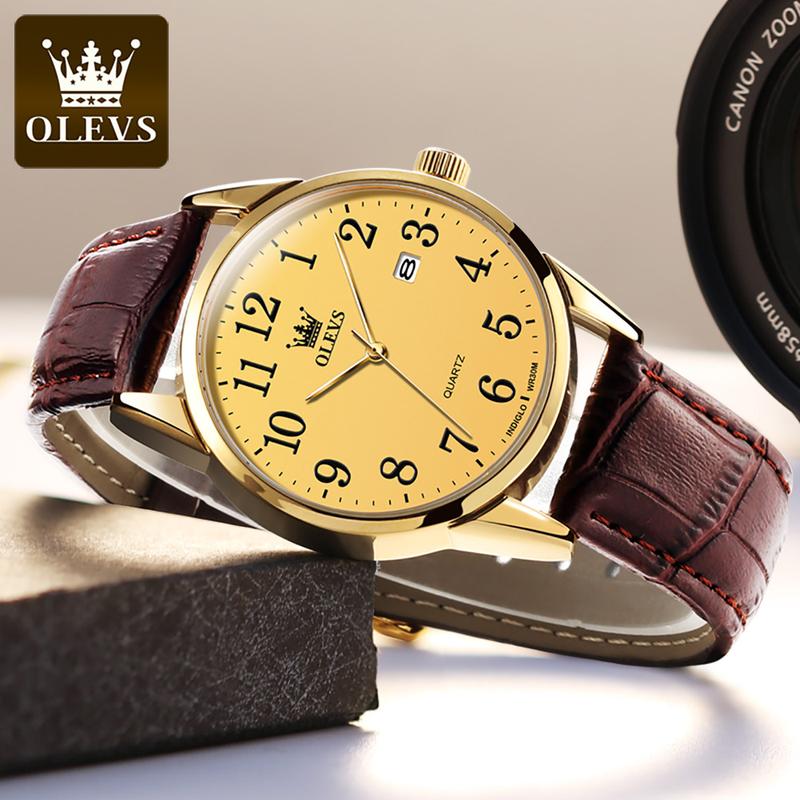 Đồng Hồ Nam, OLEVS, 100% Chống Thấm Nước 30m, Phong Cách Doanh Nhân, Dây Đeo Thắt Lưng Màu Nâu Da Thật, Mặt Số Thời Trang, Có Lịch Và Đèn Ngủ, Thương Hiệu Nổi Tiếng, Hỗ Trợ Bảo Hành, Nhiều Dây Da Có Sẵn, Mẫu 5566 7