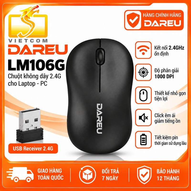 Chuột không dây DAREU LM106G 2.4GHz 1200DPI 3 nút, pin AA, nhỏ gọn cho Laptop PC - Màu Đen