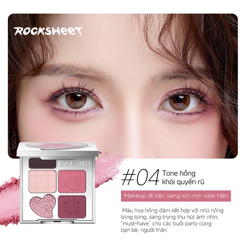ROCKSWEET Phấn mắt 5 ô  RS  phấn lên màu chuẩn, highlight siêu sáng với chất lì và nhũ mịn, cho hiệu ứng bọng mắt long lanh. Có thể mix nhiều tông màu, bền màu lâu trôi. Sản phẩm không thể thiếu cho người mới tập makeup