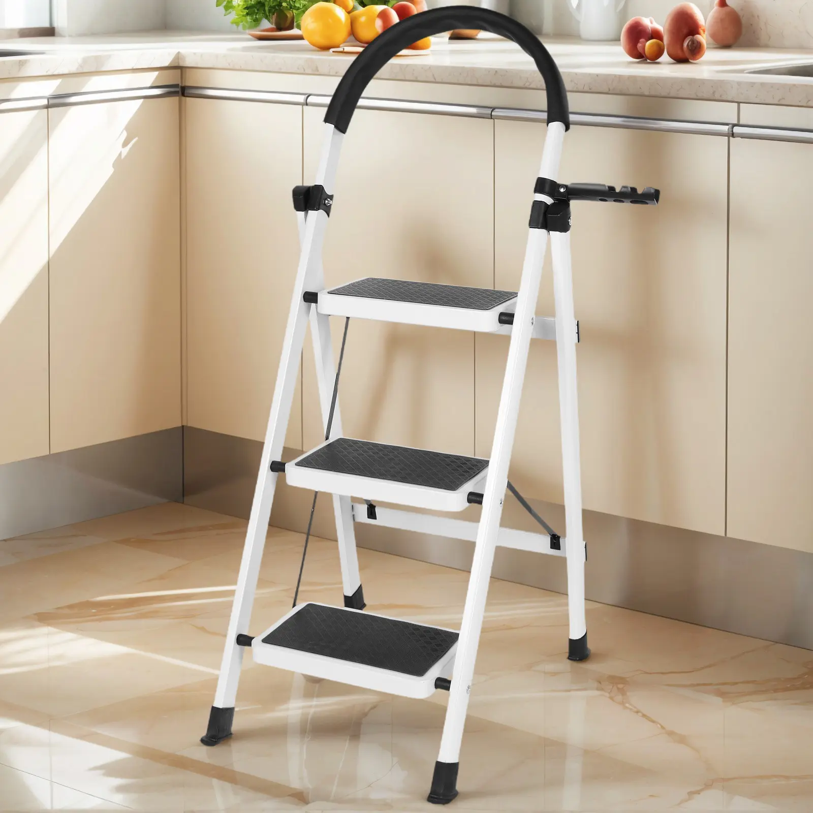 3 Step Foldable Heavy Duty Stepladder with Wide Pedal Anti-Slip Step Stool Collapsible Folding Step Stool for Household Office