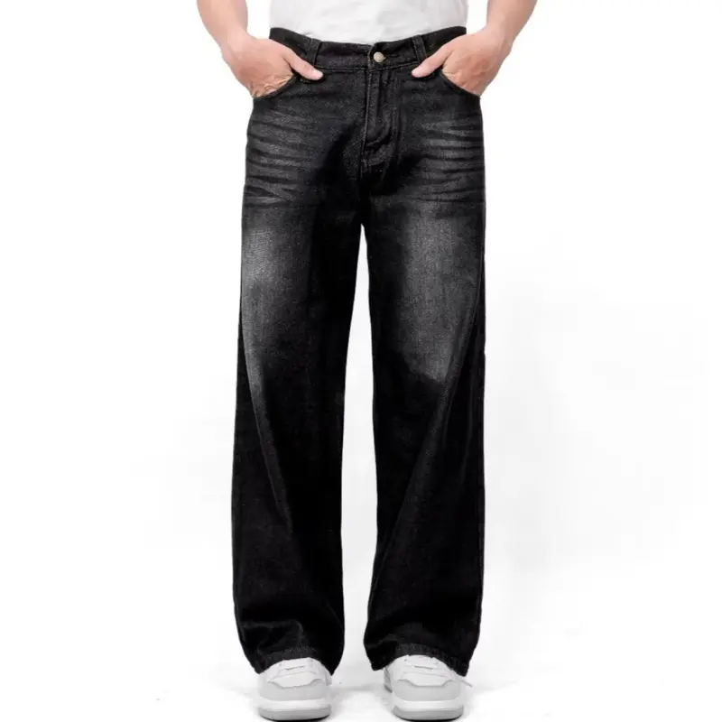 (UNISEX) Celana Jeans Wide Leg Wisker Lebar Gombrong Skena Black -Basic Baggy Pants Hitam - Panjang Pria Denim Straight - Non  Stretch - Non  Slim Fit 0
