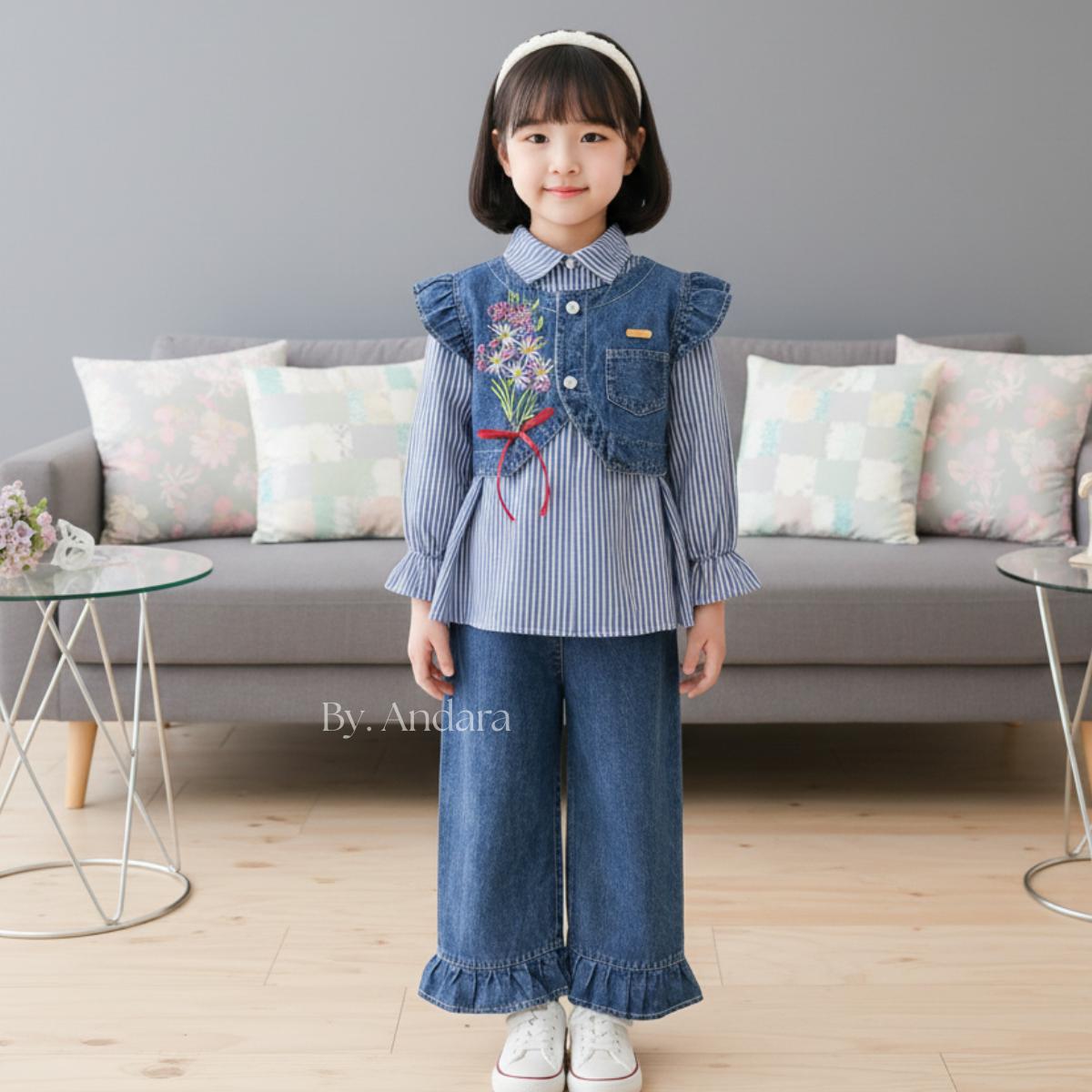 Setelan Nayyara Rompi Salur Lepas Jins Bordir Bunga + Pita merah anak Perempuan Usia 3 - 10 Tahun Model Nayyara Jeans Mix Katun salur Rompi Bordir Bunga Koreans Style Celana Jeans Usia 3 - 10 Tahun Set Bordir Love Model Korean Style terbaru Lebaran 2026