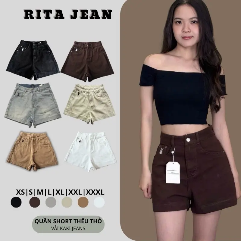 (RITA JEAN) Quần Bò Sooc Lưng Cao Thêu Thỏ Túi Kiểu Lưng Cạp Cao Vải QC Không Giãn From Chữ A Dài 37cm