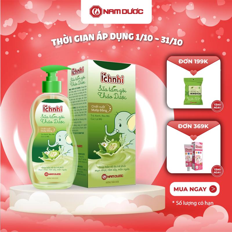 Sữa tắm gội thảo dược Ích Nhi cho bé từ 0-12 tuổi, chai 200ml giúp làm sạch da, mát da và dưỡng da trẻ, bảo vệ da trẻ khỏi mụn nhọt, hăm da, rôm sảy, mẩn ngứa