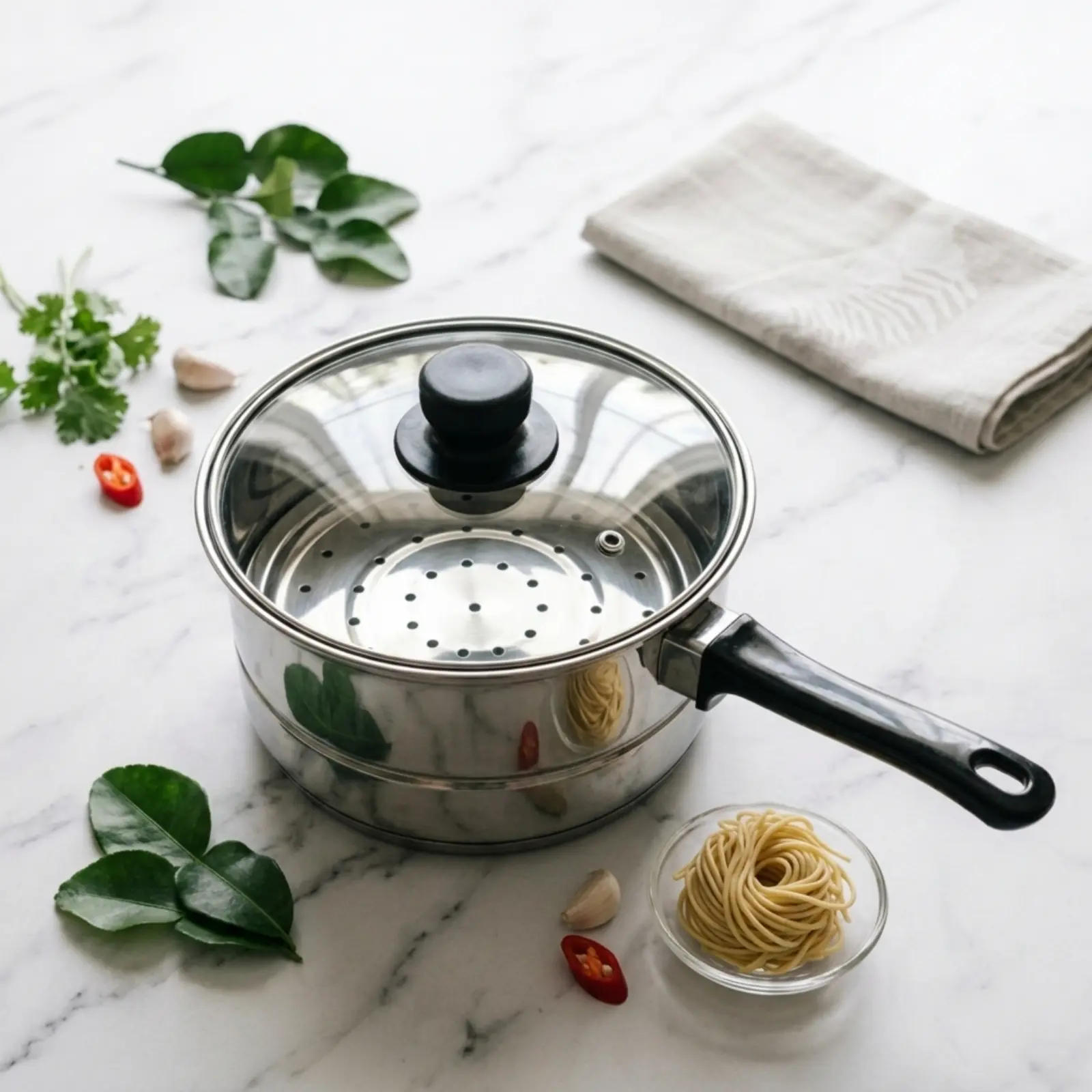 Panci Kukus Serbaguna / Panci Steamer 16 cm Tutup Kaca Sarang Circle Stainless Steel Kitchenware Ideal untuk Memasak Nasi Sayur MPASI