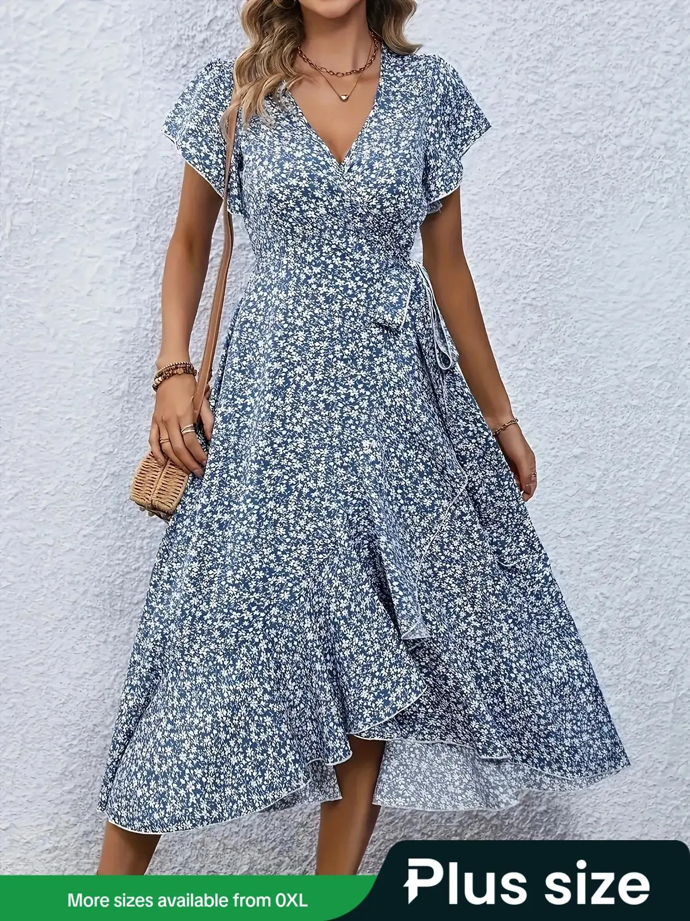 【Plus Size】ditsy Floral Print V Neck Dress, Boho Fashion Casual Dress for Daily Holiday Vacation Wear, Women Plus Clothing for Summer, Summer Dress, Womenswear