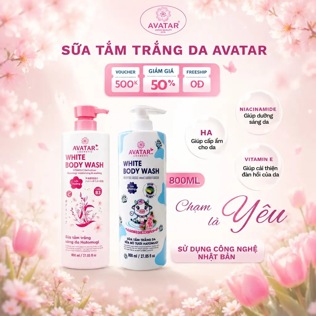 [Độc quyền KOL CAM Academy]Avatar Sữa Tắm Trắng Da White Body Wash 800mL Vitamin B3 Mềm Mại & Tươi Sáng với Hạt Ý Dĩ & Vitamin E B1 B12 Dưỡng Chất Chính Hãng