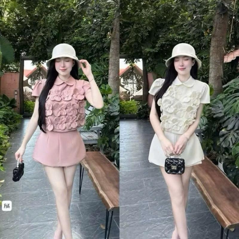 [Bèo Béo Bigsize ] Set Thiết Kế Thu - Đông Áo Cổ Sen Tiểu Thư Đính Hoa Nổi Nhiều Bông Kèm Quần Váy Form Bigsize 60-90Kg