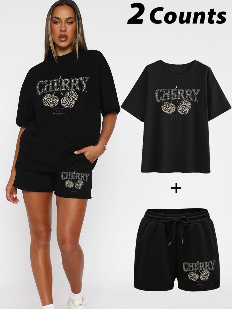 Product Introduction of Women's Cherry Print Short Sleeve T-shirt & Drawstring Waist Shorts Two-piece Set, Casual Fashion Cozy Tee & Shorts for Daily Outdoor Wear, Ladies Summer Clothes, Womenswear 8