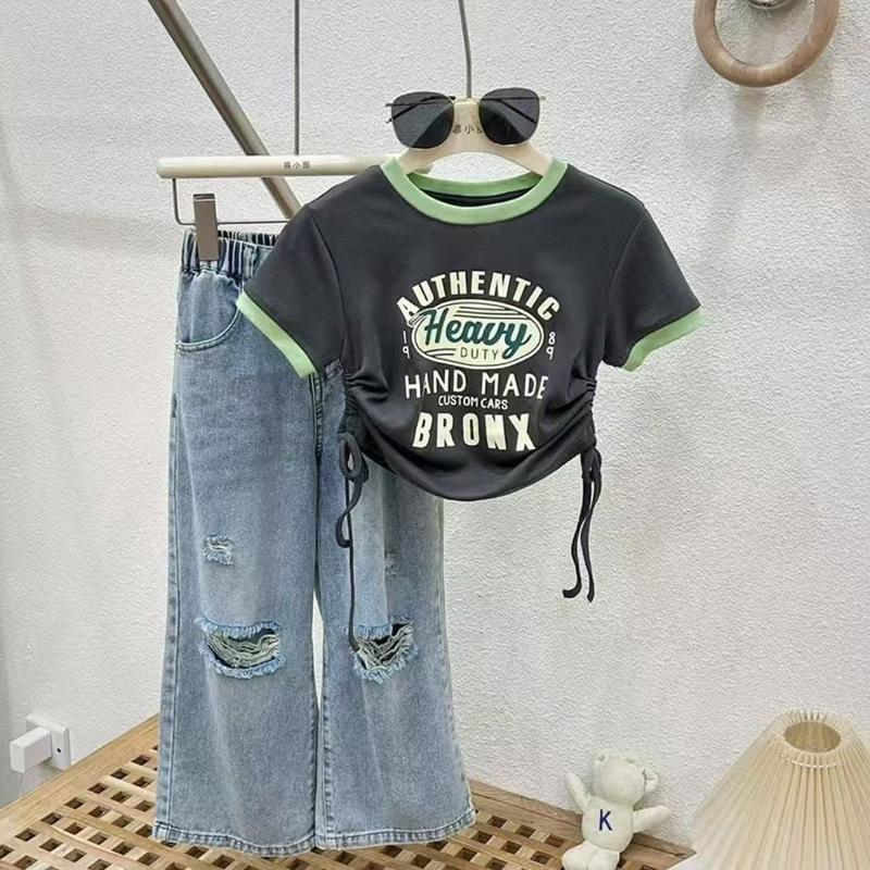 OOTD Korea Style Setelan Jeans Anak Perempuan Atasan Croptop Motif Lucu+Celana Jeans Panjang Sobek Kulot Baju Impor Anak Perempuan Setalan Anak Perempuan 3