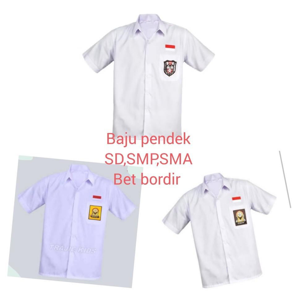 Seragam sekolah hem pendek putih bed bordir untuk SD,SMP,SMA, kain Oxford premium terlaris Baju
