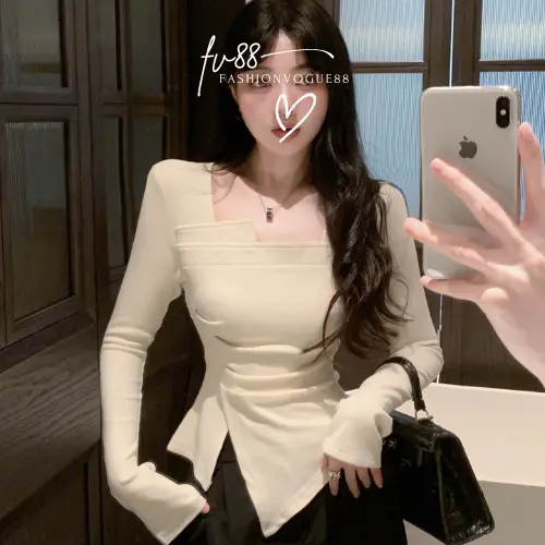 fv88 - Atasan Top Wanita Slim Bodycon Basic Casual Simple Lengan Panjang Polyester Premium Tebal Lembut Size S, M, L Baju Kerja Nyaman Stretch Formal Tangan 4