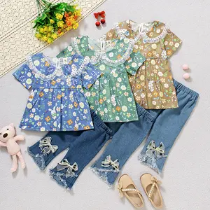 Angenius Setelan Baju Atasan Lengan Pendek Anak Perempuan Katun Rabbit Flower Cantik Celana 7/8 Jeans Kasual Style 1-4 Tahun