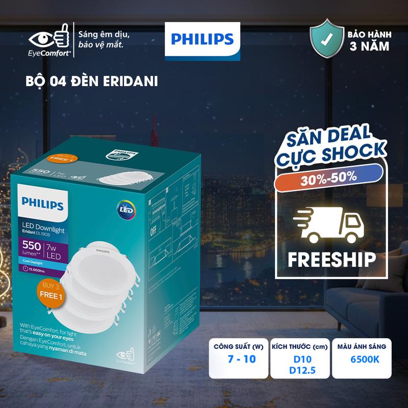 Bộ 04 bóng đèn LED âm trần PHILIPS Eridani hiệu suất ánh sáng cao - Công suất 7W 10W ánh sáng trắng 4 bóng