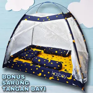 Kasur Bayi Kelambu Terbaru 2025 dengan Bonus Sarung Tangan, Kaki, Bantal, dan Guling Motif Cowok Cewek Lucu Biru Tenda
