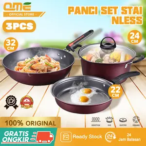 QME- Panci Wajan Teflon Set / Panci Teflon Penggorengan Set 3 Pcs / Pans Pots /  QM-2432 Aluminium Baja Dapur Masak Peralatan Stainless Kitchenware