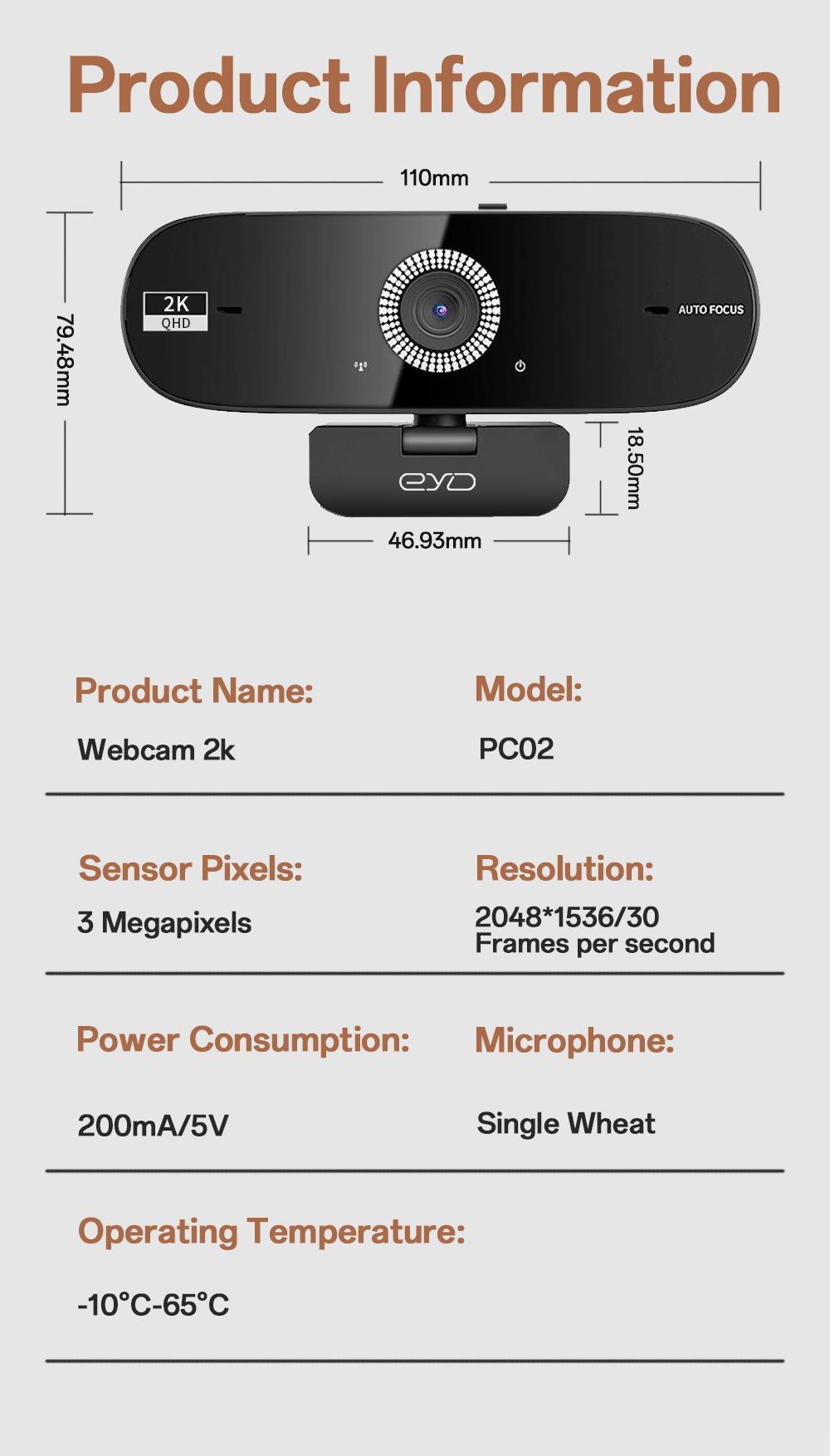 EYD 2K Webcam Autofocus Mikrofon internal Tutup Lensa Privasi Rotasi 360 Untuk USB Laptop Komputer PC Camera PC02 Kamera Windows/Linux/Android/MacOS