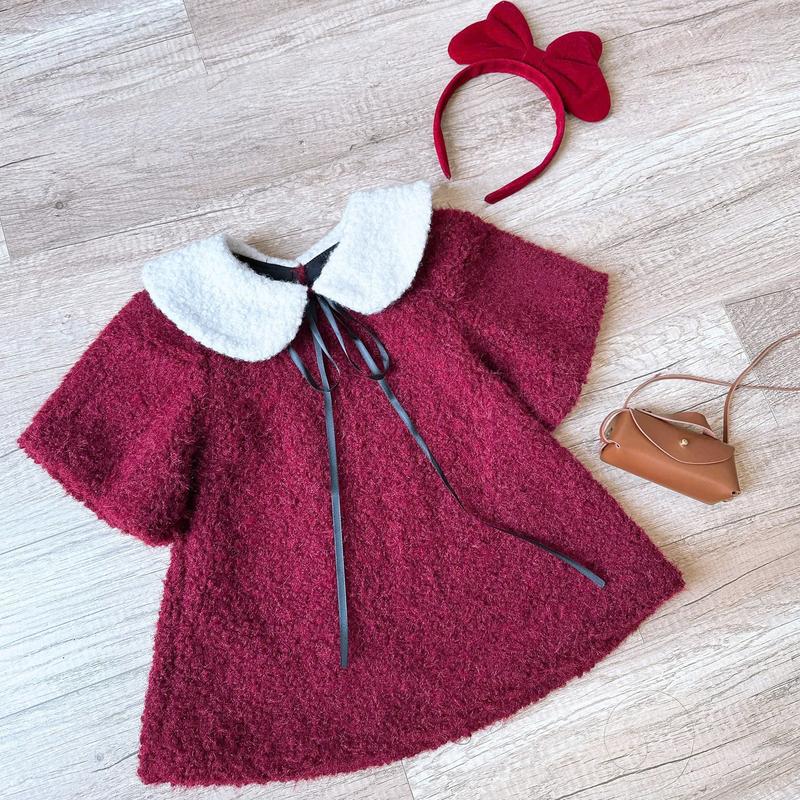  A22 Tiny Winy  - Váy dạ đỏ dáng chữ A cổ dây thắt nơ cho bé gái 