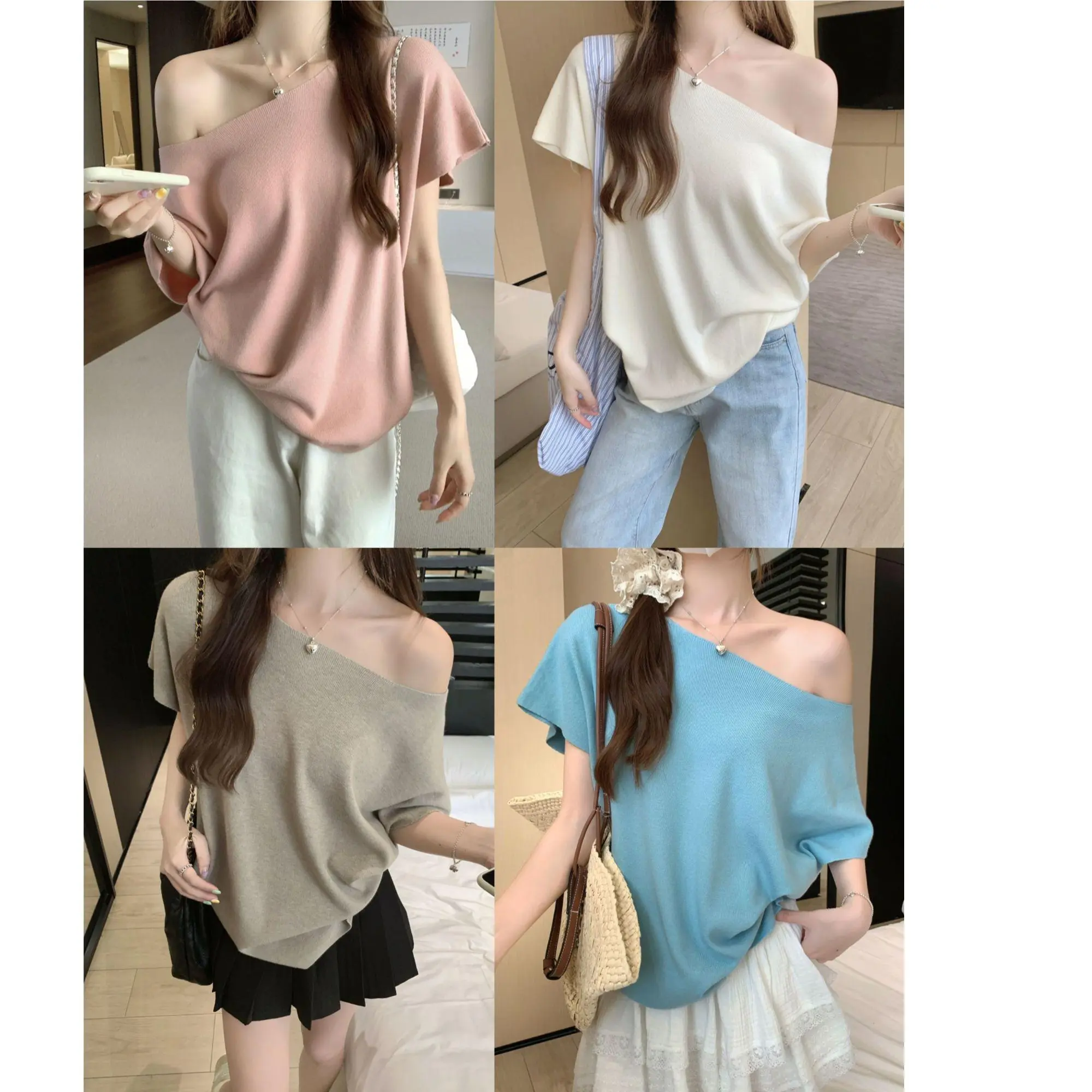 2025 new oblique shoulder bat sleeve knitted T-shirt women's summer versatile lazy loose slim design top