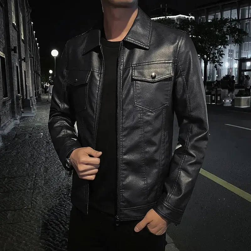 QnX - Jaket Kulit Pria Casual Autumn And Winter Men's Jacket Casual Leather Jacket Black Motorcycle 2