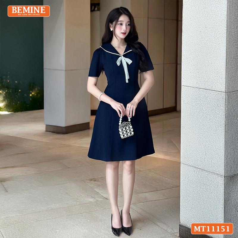 Đầm thiết kế BEMINE cổ thủy thủ phối nơ ren dáng chữ A phù hợp đi làm-MT11151