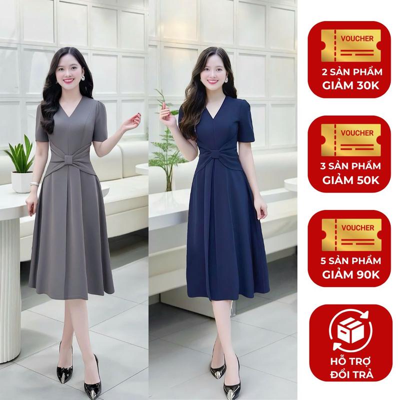 Đầm nữ thiết kế Nhật Vy cổ chữ V tay ngắn đính nơ eo cách điệu form chiết eo dáng xoè chất lụa phù hợp văn phòng công sở dự tiệc thanh lịch - D3067 Xám