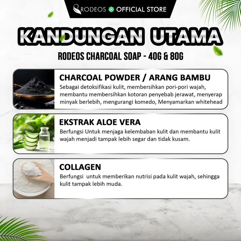 Rodeos Charcoal Soap 80g - Pencuci wajah, Facial Wash, sabun Jerawat, membersihkan kotoran, mencerahkan, Berminyak, Kering, Flek Hitam, Kusam, Bopeng, Komedo, Berjerawat, Pencerah Muka, Perawatan wajah Cleanser, Pria & Wanita, BPOM Halal 1
