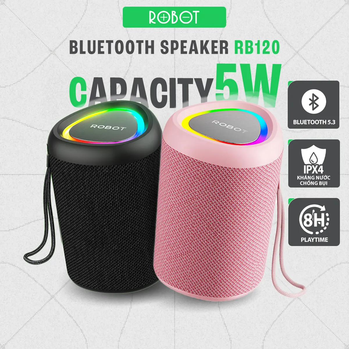 Loa Bluetooth Mini ROBOT RB120 Bass Mạnh Công Suất 5W Led RGB Kháng Nước IPX4 - Hỗ Trợ Kết Nối AUX/ Thẻ Nhớ | Củ Loa Nghe Nhạc | Bảo Hành 12 Tháng