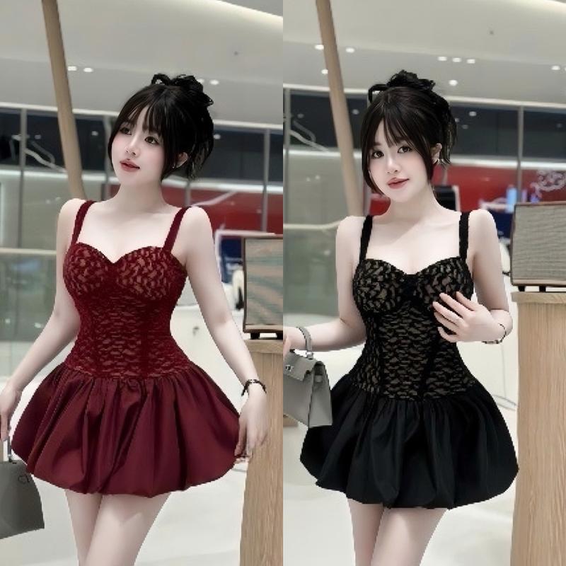  Đầm váy nữ hai dây ren   có mút ngực   phối tùng bí mango   kèm quần   sang chảnh xinh xắn phù hợp cho các nàng diện đi tiệc đi chơi đi du lịch 