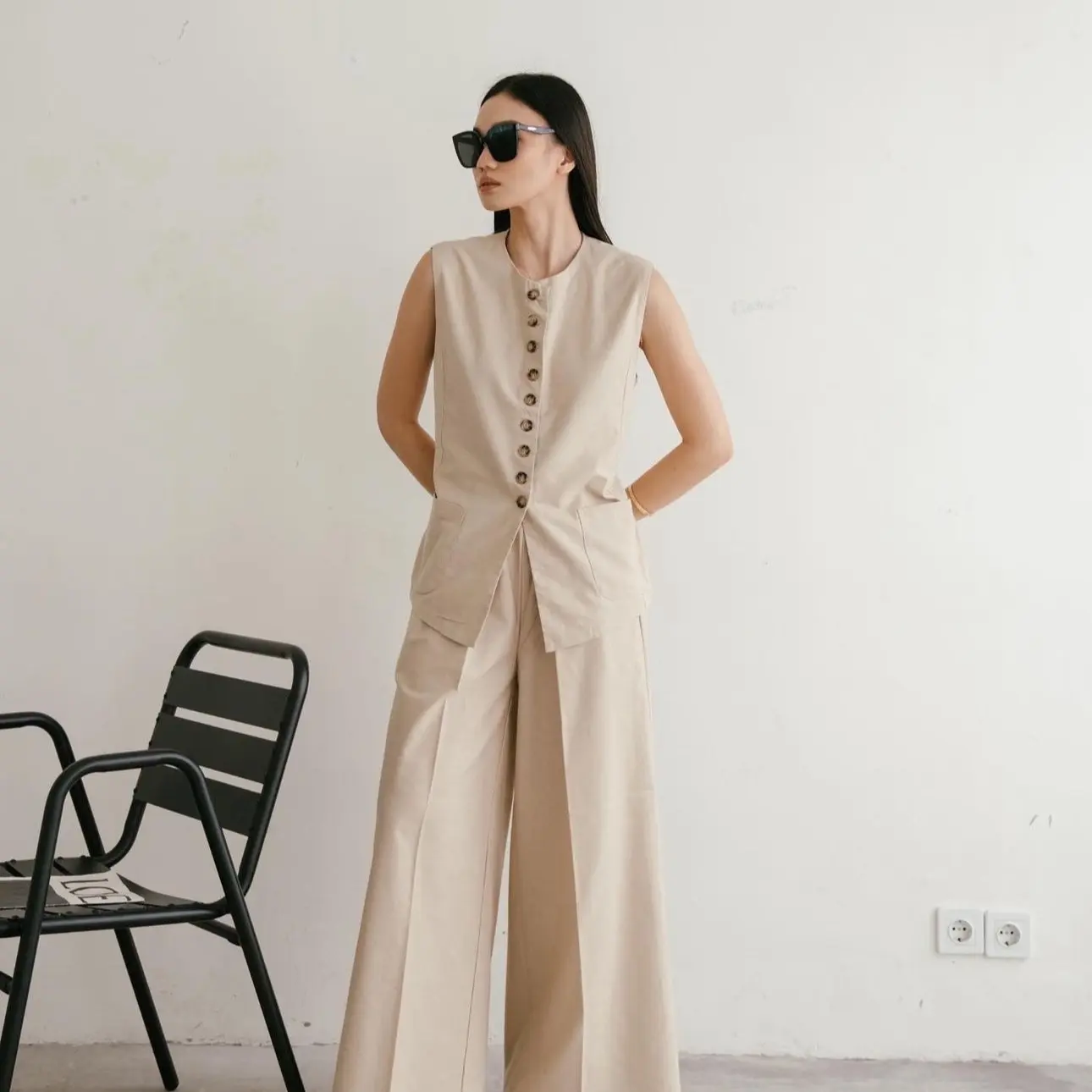VENI SET BUTTON - SETELAN ONESET LINEN CELANA PANJANG KULOT WANITA - COD BAYAR DITEMPAT 8065