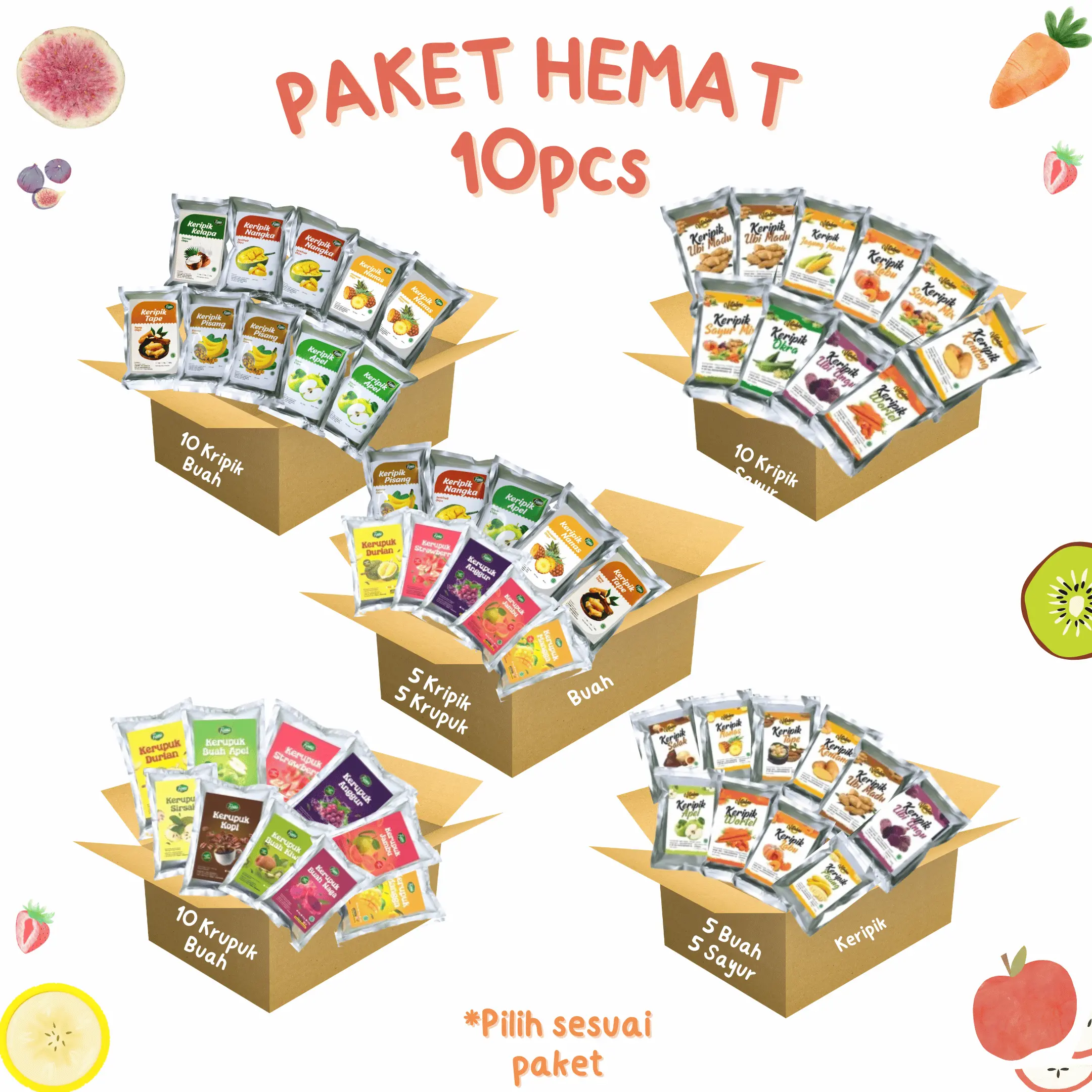 Fiona Paket Hemat 10 pcs Keripik dan Kerupuk Buah Sayur Apel Nangka Salak Durian Anggur Strawberry 50gram Kentang Kripik Mangga Manis Pisang Krupuk Rambutan Snack Food Cemilan