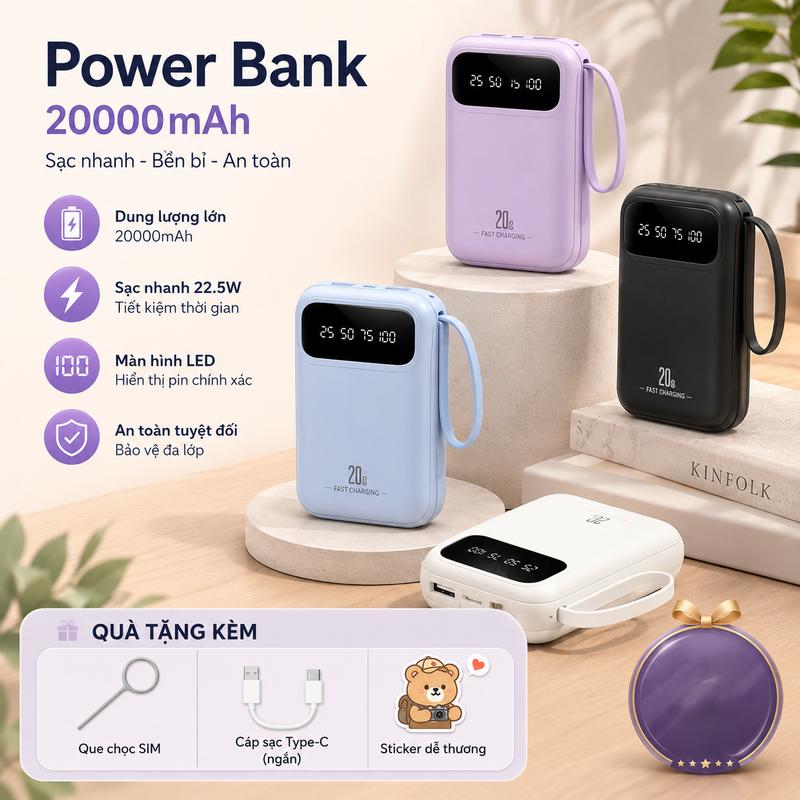 Sạc dự phòng 20000mAh thiết kế hiện đại, có màn hình hiển thị pin rõ nét, sạc an toàn ổn định, nhiều màu lựa chọn, kiểu dáng gọn nhẹ, với 4 dây cáp type c, lightning, micro, usb